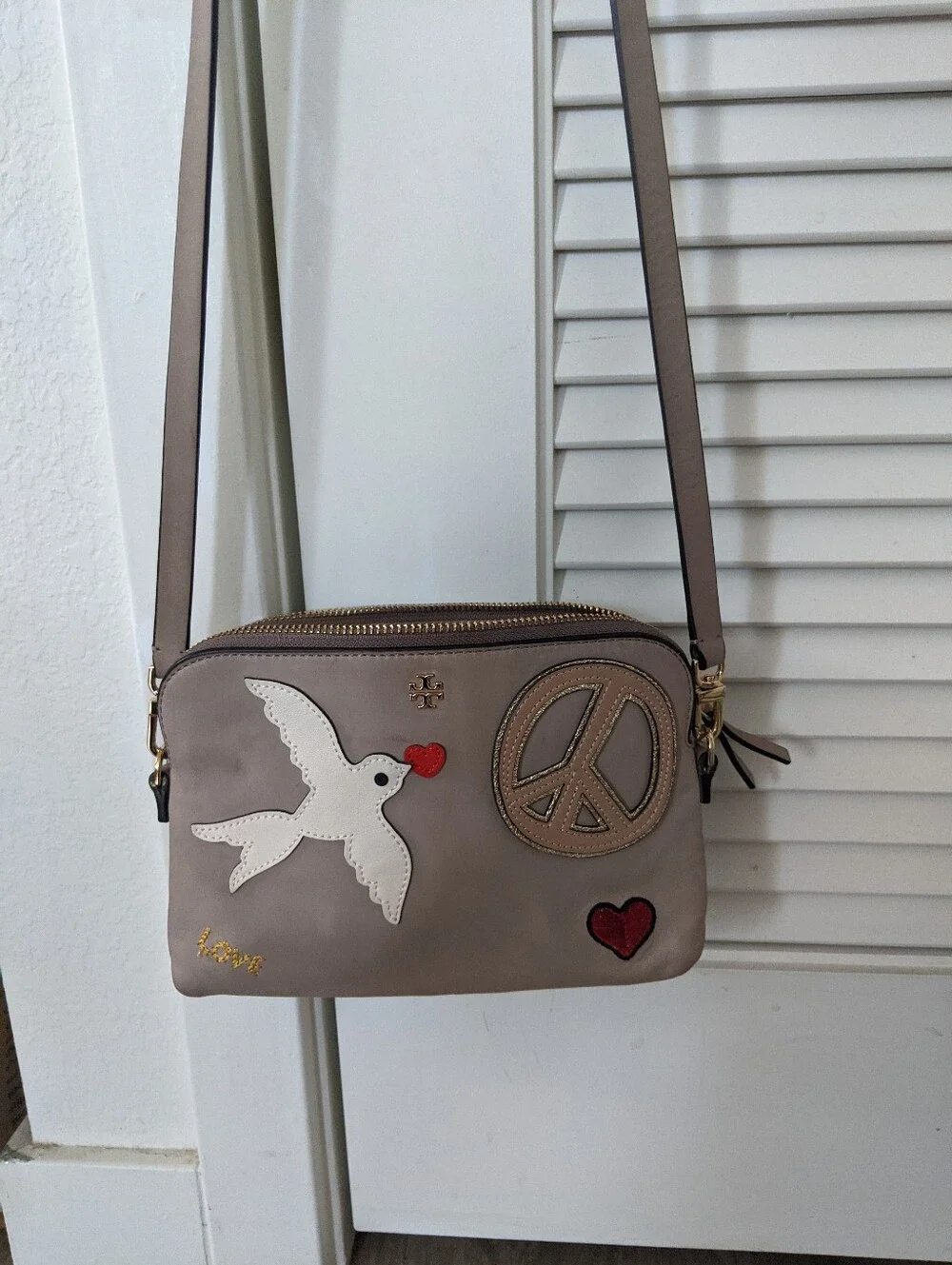 Tory Burch Taupe Crossbody with Dove, Peace & Heart Patches